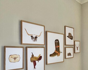 Conjunto de impresiones artísticas del Oeste en acuarela: Decoración de vaquero, Texas Longhorn (conjunto de 7)