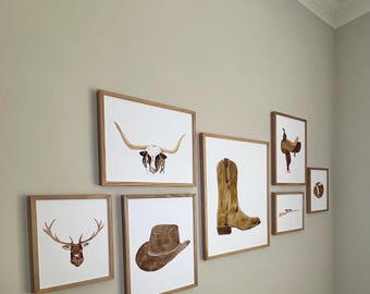 Watercolor Western Art Print Set: Cowboy Decor, Texas Longhorn, Ranch Style