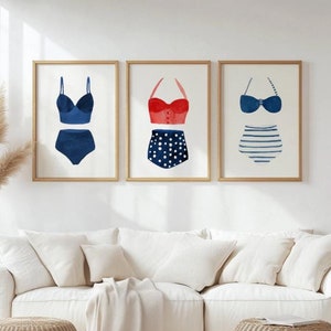 Watercolor Swimsuit Art Print Set, Vintage Style Swimsuit Art, Bathing Suit Art, Beach House or Lake House Wall Art, Nautical Art,  Set of 3