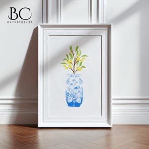 Aquarell Zitronenbaumzweig in blau Chinoiserie-Vase Ginger Glas Kunstdruck, Küche und Haus Zitrone Dekor, Chinoiserie Zitrone Liebhaber Geschenk
