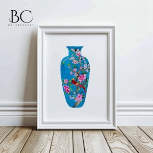 Blaues Ingwerglas Kunstdruck: Chinoiserie Vogel Blumenvase Aquarell