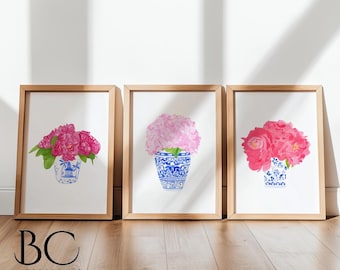 Coastal Blues Peony Watercolor Print Set: Blue & White Vase Art