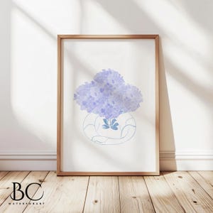 Watercolor Purple Hydrangea in Chinoiserie Vase Art Print, Perfect floral wall art decor, Country or lake house decor, Hydrangea lover gift