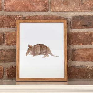 May include: A framed watercolor painting of a brown and white armadillo on a white background. The frame is made of light brown wood.