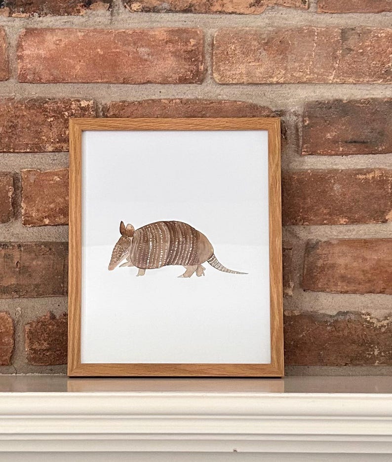 May include: A framed watercolor painting of a brown and white armadillo on a white background. The frame is made of light brown wood.