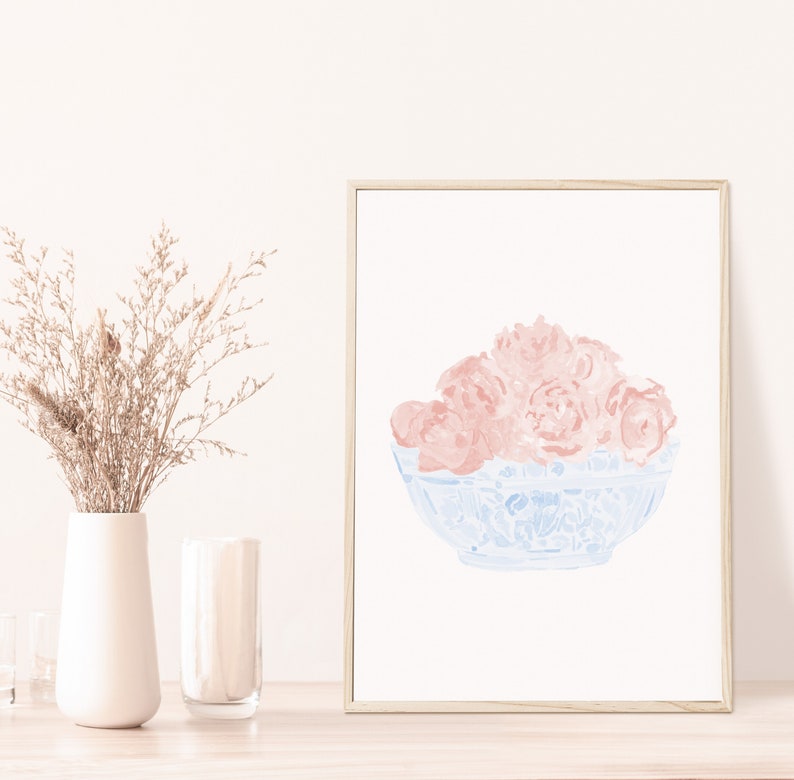 Watercolor Pink Peonies in Chinoiserie bowl, Peonies print, Chinoiserie Pink peonies floral print, neutral porcelain print, chinoiserie art image 2