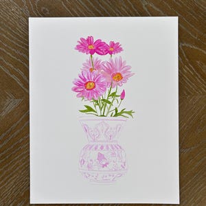 May include: A watercolor painting of pink flowers in a pink and white patterned vase. The flowers are in bloom and have a delicate, feminine feel.
