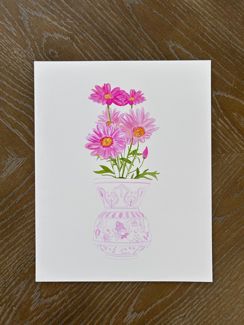 May include: A watercolor painting of pink flowers in a pink and white patterned vase. The flowers are in bloom and have a delicate, feminine feel.