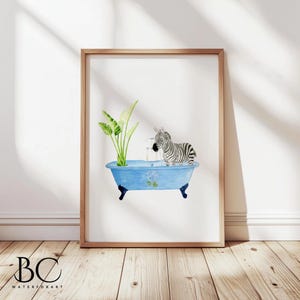 Watercolor Vintage Bathroom Art Print, Zebra in Blue Bathtub with Plants art print, Bathroom Wall Decor, Animal in Tub, Bathtub Animal Art