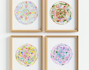 Set of 4 antique plate watercolor prints, Personalized Colorful chinoiserie wall art, Dining room decor, Vintage plate gallery set