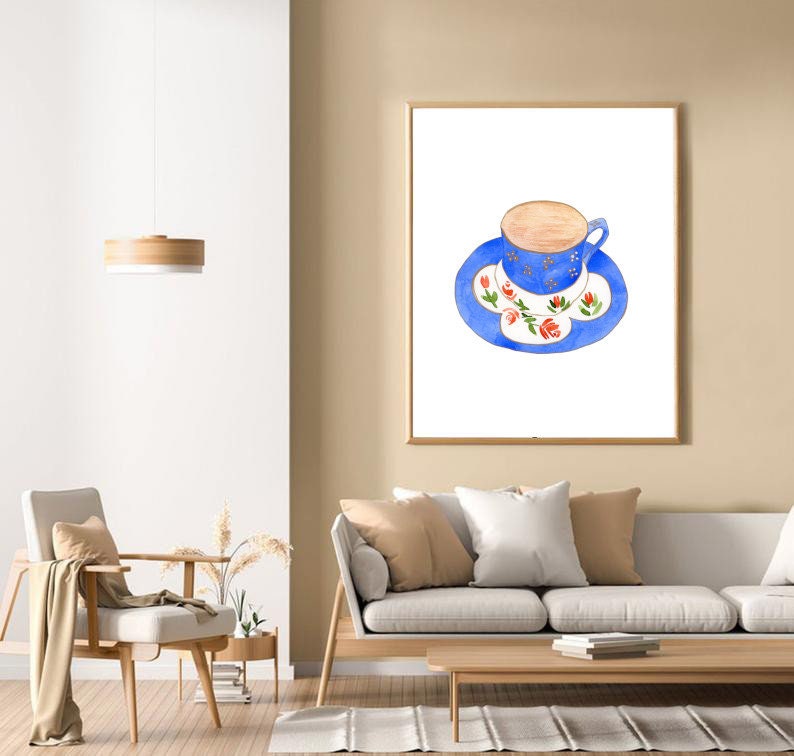 Watercolor Vintage Coffee Print, Blue Coffee Poster, Kitchen Art Print, Coffee Lover Gift, Coffee Wall Decor image 2