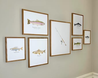 Watercolor Fishing Art Print Set, Fishing Gallery Wall, Salmon Trout Fishing Set, Fishing lover gift, Beach Lake House Decor, Man cave decor