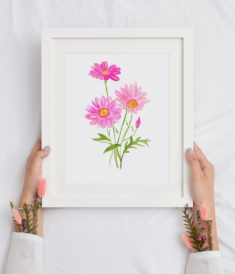 Watercolor Pink Daisy Art Print, Pink Watercolor Flower art, Botanical Prints, Watercolor Daisy Painting, Daisies Kitchen Decor, Daisy Art image 3