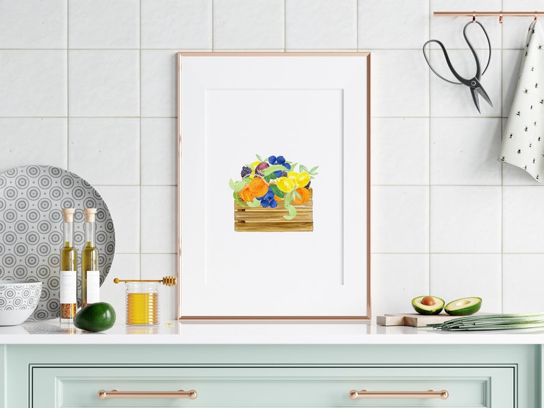 Watercolor Fruit Basket Art Print, Kitchen Decor print, Watercolor fruit, Kitchen Wall Art, farmers market basket art print, food home decor image 6