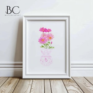 Impresión artística de margarita rosa en acuarela, arte de flores de acuarela rosa, pintura de margaritas en jarrón rosa, decoración de cocina con margaritas, impresión botánica