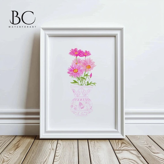 Watercolor Pink Daisy Art Print, Pink Watercolor Flower art, Watercolor Daisy in Pink Vase Painting , Daisies Kitchen Decor, Botanical Print