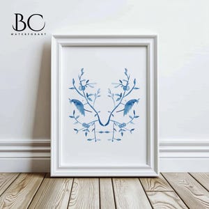 Watercolor French chinoiserie print, Indigo Blue wall art, chinoiserie decor, toile art