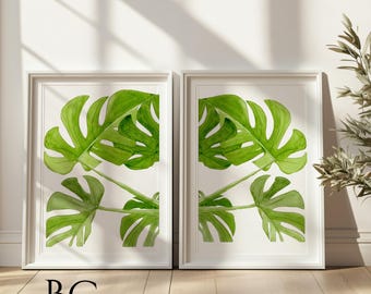 Monstera Leaf Wall Art Print Set, Botanical Watercolor Plant Print, Boho Tropical decor, Minimalist Leaf Wall Art, Bedroom Living Room Decor