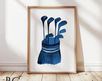 Watercolor golf club wall art print , Fathers day gift, golf club print, gift for him, navy blue Golf Painting, Golf art, golf gift for men