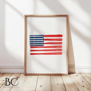 Watercolor Baseball Bat Art Print, American flag made from baseball bat Painting, Baseball Gift, Boys baseball room decor, Sports Decor