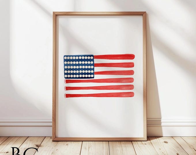 Watercolor Baseball Bat Art Print, American flag made from baseball bat Painting, Baseball Gift, Boys baseball room decor, Sports Decor
