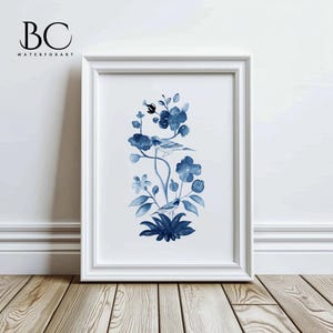 Watercolor Chinoiserie Art Print, Indigo Blue wall art, chinoiserie decor, chinoiserie wall art, eclectic home decor, Chinoiserie Panel art