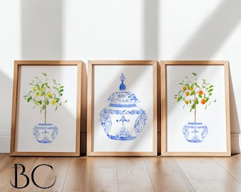 Watercolor Lemon & orange in Chinoiserie art Decor, Set of 3 Blue White porcelain Ginger Jar Prints, Blue White Chinoiserie Home Decor