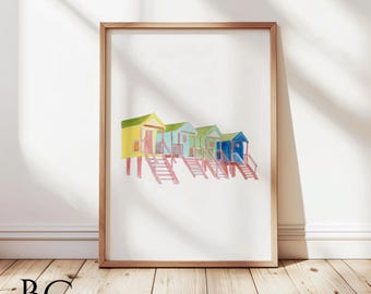 Beach Hut Wall Art Print, Coastal Beach Houses Watercolor, Colorful Seaside Art, Beach House Decor