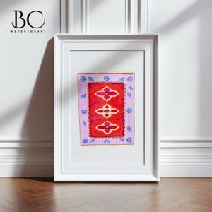 May include: A watercolor painting of a red rug with a geometric pattern. The rug is surrounded by a light purple border with blue and white floral designs.