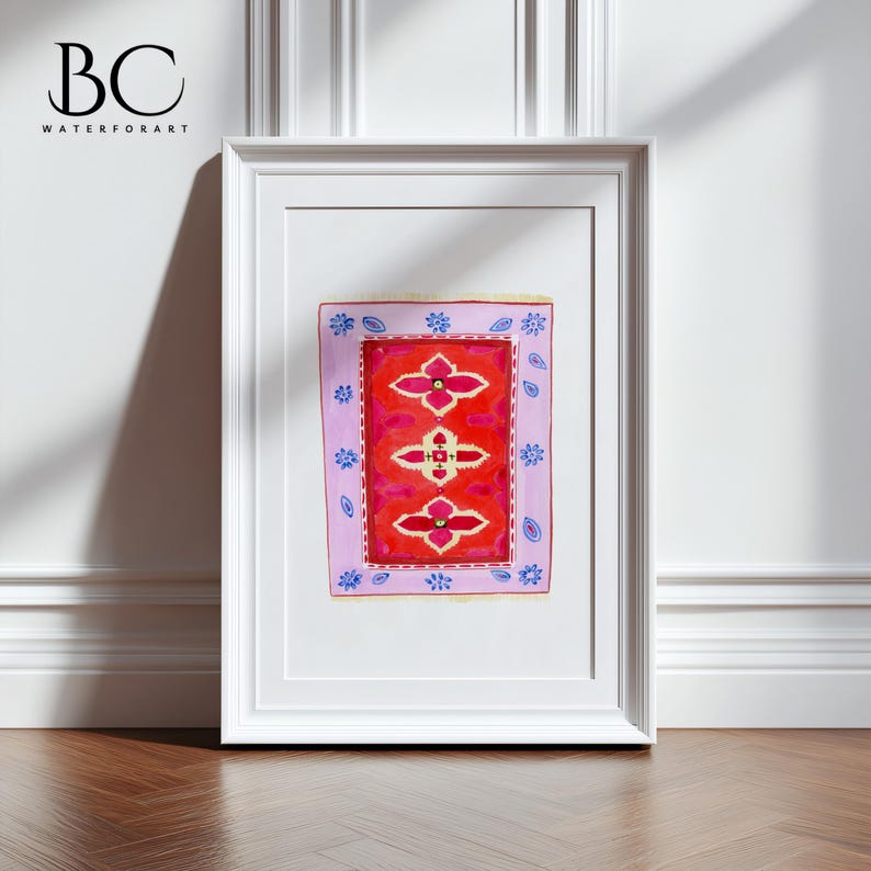 May include: A watercolor painting of a red rug with a geometric pattern. The rug is surrounded by a light purple border with blue and white floral designs.