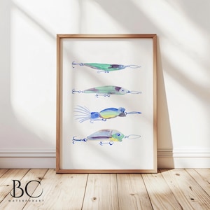 Watercolor Fishing Lures & Reel Art Print, Fishing Wall Decor, Fishing Gallery Wall, Beach house or lake house decor, Fishing lover Gift