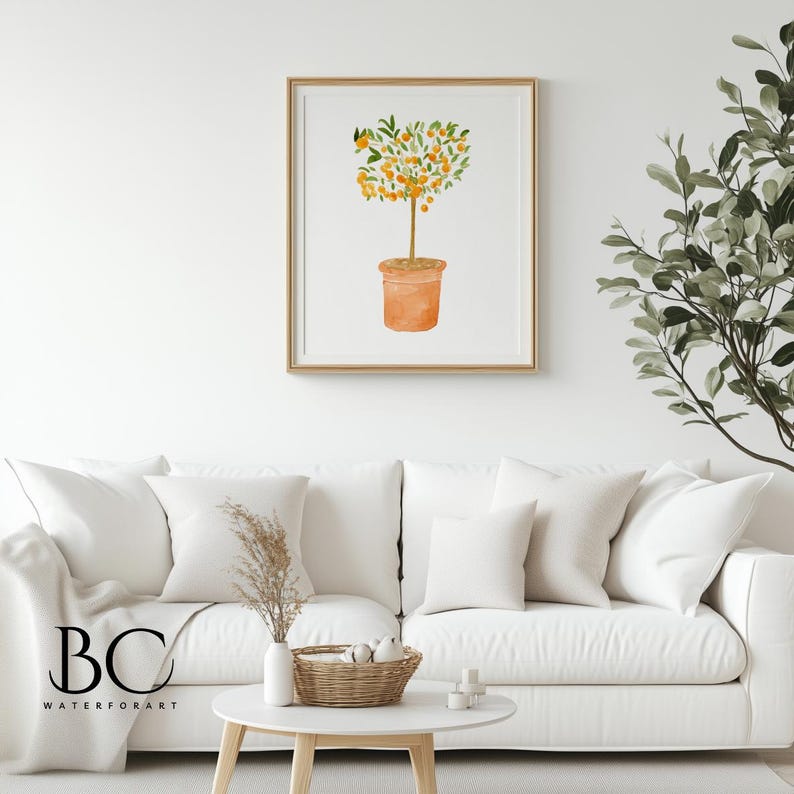 May include: A watercolor painting of a potted orange tree with green leaves and orange fruit. The tree is in a terracotta pot and is set against a white background.