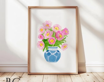 Watercolor Peonies Art Print: Pink Floral in Blue Vase