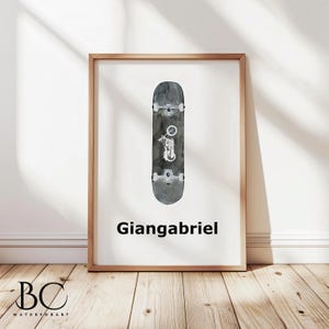 Skateboardkunstprint, aquarel skateboard, gepersonaliseerde kinderkamer of kinderkamer, skateboardcadeau, longboardkunst, skateboardcadeau