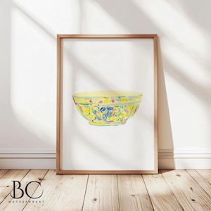 Watercolor yellow chinoiserie bowl art print, Chinoiserie home decor, yellow porcelain art, Kitchen wall decor, china art print