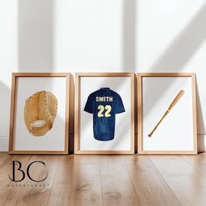 Custom Watercolor Baseball Print Set, Custom Nursery Baseball Art Prints, Sport art prints, baseball room decor, Baseball sports nursery art