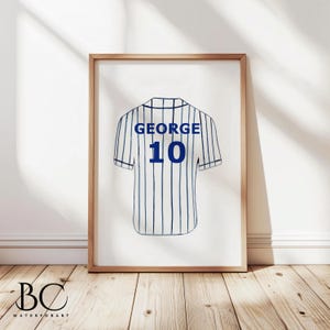 Personalized watercolor baseball jersey print, Classic blue jersey, Baseball wall art for nursery kids room or office, baseball lover gift