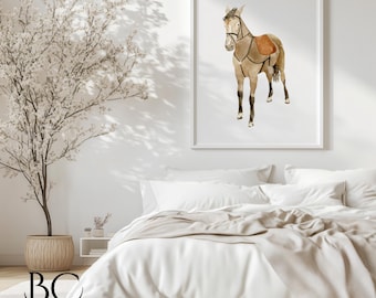 May include: A watercolor painting of a brown horse with a saddle and bridle, set against a white background. The painting is framed and hanging on a white wall in a bedroom setting.