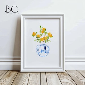 Watercolor Blue and White Orange Tree Print, Orange Blue and White Ginger Jar Art, Orange Tree Print, Kitchen Wall Art, Home Decor Wall Art