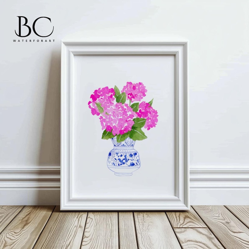 Watercolor Pink Hydrangea in Blue Vase Art Print, Hydrangea Blue and ...