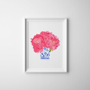 Coastal Blues Watercolor porcelain print, Watercolor pink Peonies Chinoiserie Vases, Blue and White porcelain, Pink floral watercolor image 3