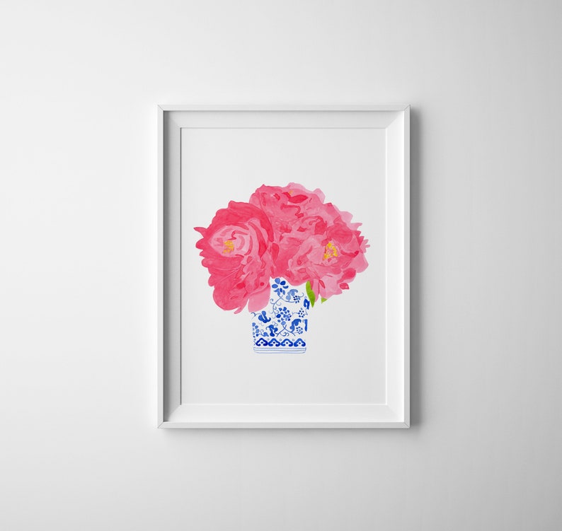 Coastal Blues Watercolor porcelain print, Watercolor pink Peonies Chinoiserie Vases, Blue and White porcelain, Pink floral watercolor image 3