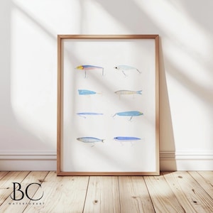 Watercolor Fishing Lures Print, Beach house or Lake House Decor, Fishing Lover Art Gift, Fishing Lure art, Fishing Decor, Fishing Art Print