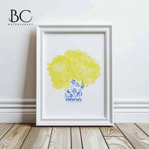 Coastal Blues Watercolor Yellow Peonies print, Watercolor yellow Peonies Chinoiserie Vase, Blue & White porcelain print, Yellow floral print