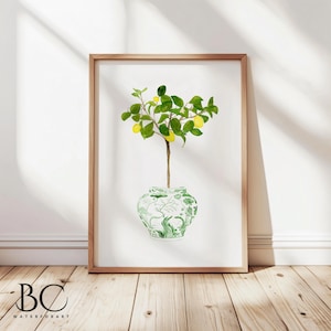 Watercolor Lemon Chinoiserie Print with Green Ginger Jar, Home gift, lemon watercolor decor, Green Chinoiserie Citrus Tree, lemon wall art