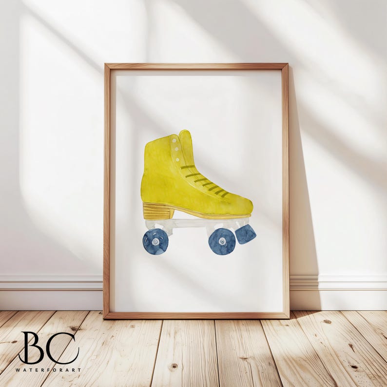 May include: Watercolor illustration of a yellow roller skate with blue wheels, set against a white background within a wooden frame. The artwork is a vibrant depiction of retro sports equipment, perfect for wall decor.