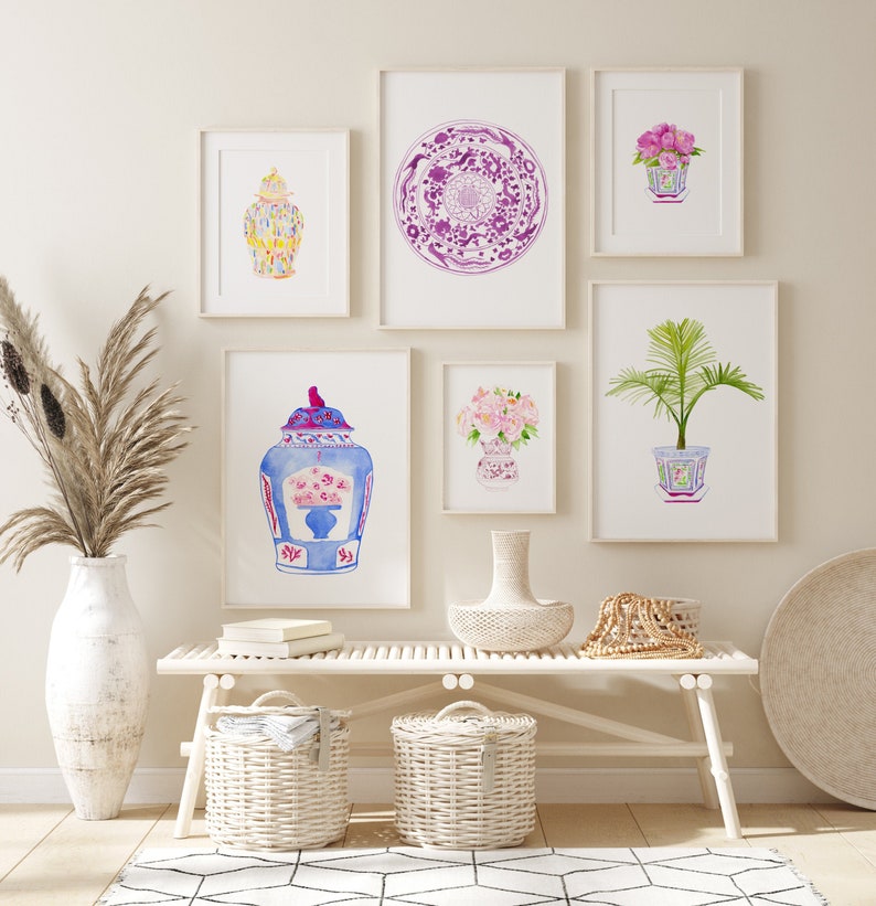 Set of 6 chinoiserie art, ginger jar, gallery wall prints, gallery wall art, pink print, trendy wall art, Watercolor peony porcelain print image 1