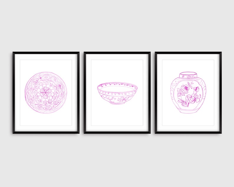Watercolor Pink Chinoiserie Art Print Chinoiserie Set of 3 Etsy