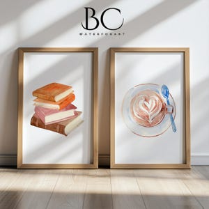 Watercolor Books & Coffee Art Print Set, Home Office Library and. Kitchen wall art, Book Reading decor,  Book and coffee lover gift
