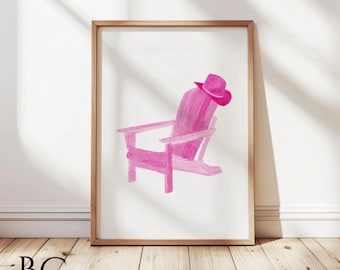Pink Adirondack Chair Watercolor Print, Coastal Wall Art, Chair with Hat Illustration